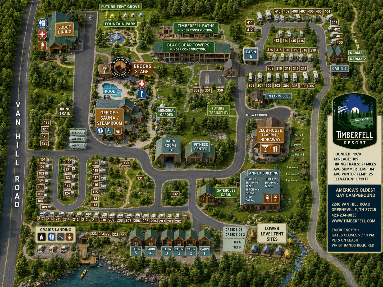 3D aerial resort map of Timberfell showing lodge, cabins, RV sites, pool, trails, and all amenities across 189 mountain acres in East Tennessee
